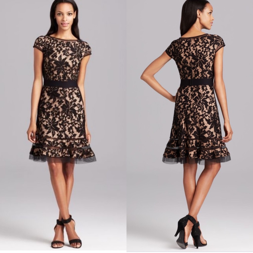 Tadashi Shoji Black Lace Overlay Nude Cocktail Dress